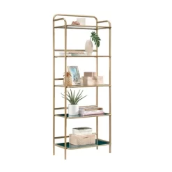 63" Coral Cape Bookcase With Metal And Glass Satin Gold - Sauder