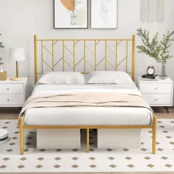 Costway Full/Queen/Twin Size Metal Platform Bed Frame Vintage Headboard Mattress Foundation Gold