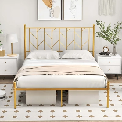 Costway Full/Queen/Twin Size Metal Platform Bed Frame Vintage Headboard Mattress Foundation Gold 3 Costway Full/Queen/Twin Size Metal Platform Bed Frame Vintage Headboard Mattress Foundation Gold
