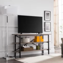 Triple Shelf Metal X-Accent TV Stand With Gray Oak Wood Shelves - Henn&Hart