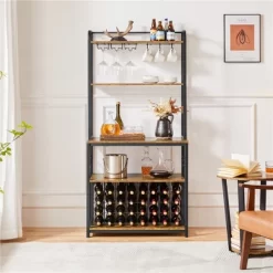 Yaheetech 65" Wine Bakers Rack Freestanding Wine Rack With Glass Holder And Wine Storage, Rustic Brown