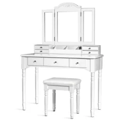 Tangkula 7 Drawers Tri-Folding Vanity Mirror Makeup Dressing Table Set W/ Necklace Hook -Furniture Specialty Store GUEST ae27b0b2 c6bf 4ee8 b8b2 e4b9a315a001