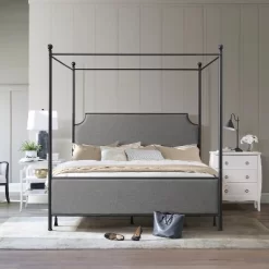 Mcarthur Metal And Upholstered Canopy Bed Matte Black/Gray Fabric - Hillsdale Furniture