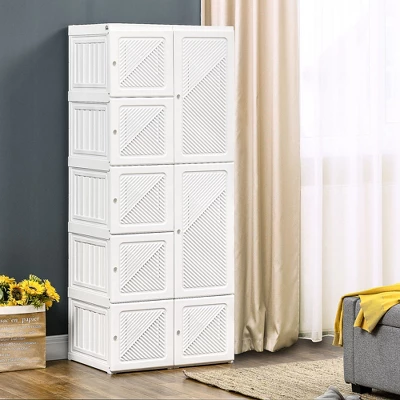 HOMCOM Portable Wardrobe Closet, Folding Bedroom Armoire, Clothes Storage Organizer With Cube Compartments, Hanging Rod, Magnet Doors, White 4 HOMCOM Portable Wardrobe Closet, Folding Bedroom Armoire, Clothes Storage Organizer With Cube Compartments, Hanging Rod, Magnet Doors, White - Image 2
