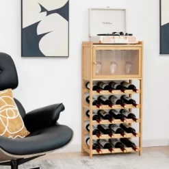 Costway 20-Bottle Bamboo Wine Rack Cabinet Freestanding Display Shelf W/ Glass Hanger