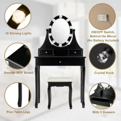 Costway Bedroom Vanity Set Makeup Dressing Table W/3 Drawers 10 LED Bulb Black -Furniture Specialty Store GUEST bb59c28e 65a9 43c3 9273 0be105942c37