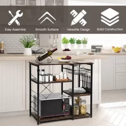 Costway Industrial Kitchen Baker's Rack Microwave Stand Utility Storage Shelf W/ 6 Hooks Steel Black -Furniture Specialty Store GUEST bc357fce 1955 4b57 8547 00224f3d8f9d
