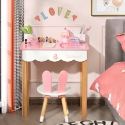 Costway Kids Vanity Set Rabbit Makeup Dressing Table Chair Set W/ Mirror Drawer WhitePink -Furniture Specialty Store GUEST bd1bee9f e151 4ffa a61c 8d2551c0f0b0
