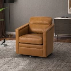 Eulalia 28.74''Wooden Upholstery Wide Genuine Leather Swivel Chair With Swivel Metal Base And Squared Arms | ARTFUL LIVING DESIGN