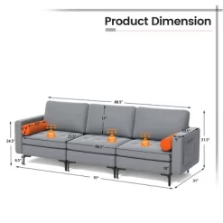 Costway Modern Modular 3-Seat Sofa Couch W/ Side Storage Pocket & Metal Leg Ash Grey -Furniture Specialty Store GUEST bed225ea 3392 40af 81aa a3af19afad83