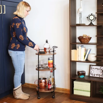 Sunnydaze Decor Sunnydaze Round Metal 3-Tier Bar Cart - Indoor Furniture With Wheels - Brown - 34.5” H 10 Sunnydaze Decor Sunnydaze Round Metal 3-Tier Bar Cart - Indoor Furniture With Wheels - Brown - 34.5” H - Image 8
