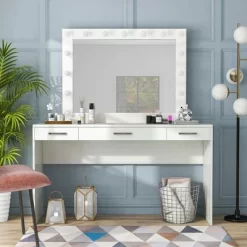 2pc Grayde 3 Drawer Vanity Table And Mirror Set With Bulbs And USB Ports Luminous White - MiBasics