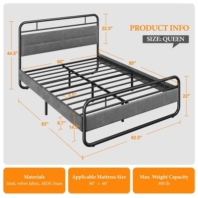 Yaheetech Metal Platform Bed Frame With Velvet Upholstered Headboard 5 Yaheetech Metal Platform Bed Frame With Velvet Upholstered Headboard - Image 3