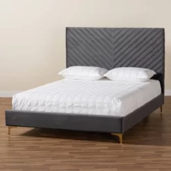 Fabrico Velvet Fabric Upholstered And Metal Platform Bed - Baxton Studio -Furniture Specialty Store GUEST d169a071 0644 431b 947d badb1386078c