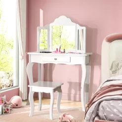 Costway Kid Vanity Table Set With Tri-folding Mirror 2-in-1 Makeup Dressing Table Stool Set -Furniture Specialty Store GUEST d22aa830 b841 4bab 8def 711f80e6bda4