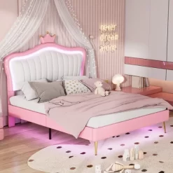 Queen/Full Size Upholstered Platform Bed Frame With LED Lights, Princess Bed With Crown Headboard-ModernLuxe