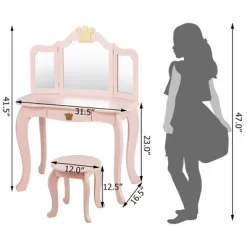 Costway Kids Makeup Dressing Table Chair Set Princess Vanity & Tri-folding Mirror