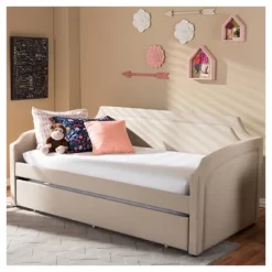 Parkson Modern And Contemporary Linen Fabric Curved Notched Corners Sofa Daybed With Roll - Out Trundle Guest Bed - Twin - Baxton Studio -Furniture Specialty Store GUEST d942968a fec1 4651 a19f 04aa80606a58