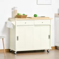 HOMCOM 43" Rolling Kitchen Island, Kitchen Storage Cart On Wheels With Sliding Doors, Cabinet, 2 Drawers, And Towel Rack, Cream White