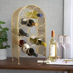 Twine Trellis Wine Rack, Holds 14 Bottles, Gold Countertop Wine Storage, Cast Iron