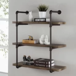 35" X 31.5" Three Tier Industrial Pipe Wall Shelf Natural - Danya B.