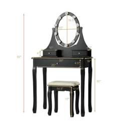 Costway Bedroom Vanity Set Makeup Dressing Table W/3 Drawers 10 LED Bulb Black
