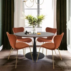 Harold+Flavia 5-Piece Walnut Foil Round Top Pedestal Dining Table Set With 4 Upholstered Chairs -The Pop Maison -Furniture Specialty Store GUEST ea5fcfbc 72b4 4f36 9e38 9efd90e24f19