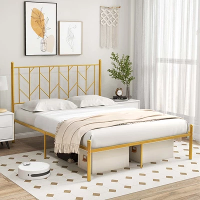 Costway Full/Queen/Twin Size Metal Platform Bed Frame Vintage Headboard Mattress Foundation Gold 11 Costway Full/Queen/Twin Size Metal Platform Bed Frame Vintage Headboard Mattress Foundation Gold - Image 9