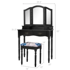 Costway Black Tri Folding Mirror Vanity Makeup Table Stool 4 Drawers 13 Costway Black Tri Folding Mirror Vanity Makeup Table Stool 4 Drawers -Furniture Specialty Store GUEST ede71e21 bf9d 4120 b9c3 584c77452b64