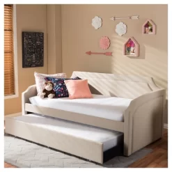 Parkson Modern And Contemporary Linen Fabric Curved Notched Corners Sofa Daybed With Roll - Out Trundle Guest Bed - Twin - Baxton Studio -Furniture Specialty Store GUEST f0acde84 61ca 448e b573 6757149594b9