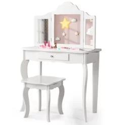 Costway Kid Vanity Table Set With Tri-folding Mirror 2-in-1 Makeup Dressing Table Stool Set