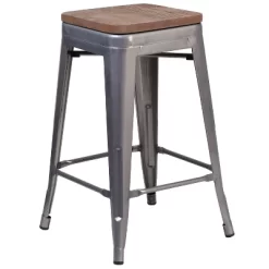 Merrick Lane Clear Coated Gray Metal Bar Counter Stool With Textured Walnut Elm Wood Seat -Furniture Specialty Store GUEST f3c3c595 a884 4a35 be8b 0b6a2866d671