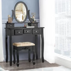 Tangkula Vanity Table Set W/ 360° Rotating Oval Mirror & Drawers Black/White