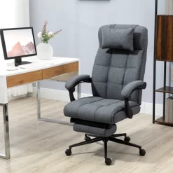 Vinsetto Executive Linen-Feel Fabric Office Chair High Back Swivel Task Chair With Adjustable Height Upholstered Retractable Footrest, Headrest And Padded Armrest