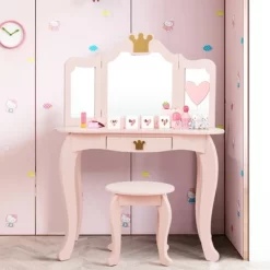 Costway Kids Makeup Dressing Table Chair Set Princess Vanity & Tri-folding Mirror -Furniture Specialty Store GUEST f8895ce8 bca3 40fc 9ff5 3989b4a9ec9a