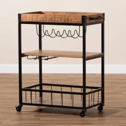 Cerne Oak And Finished Mobile Metal Bar Cart With Wine Bottle Rack Brown - Baxton Studio -Furniture Specialty Store GUEST fa213c69 b13a 4c71 a88c 61c1a5369f43