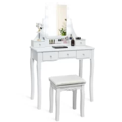 Tangkula LED Vanity Table Makeup Dresser Desk W/Drawers &Cushioned Stool Black/Brown/White -Furniture Specialty Store GUEST fb0ec937 831b 4c02 8a3f b273b80feb38