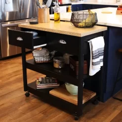 Sunnydaze Decor Sunnydaze MDF Indoor Farmhouse Style Kitchen Island Cart With Drawers And Shelves - 34.25" H - Black