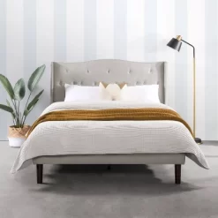 Amabel Upholstered Platform Bed Modern Tufted Wingback Headboard Light Gray - Mellow
